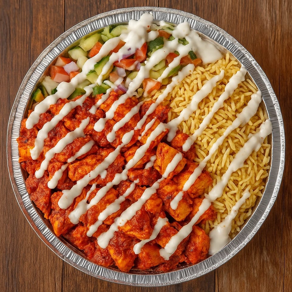Overhead view of a foil container with chicken, rice, salad, and white sauce on a wooden table.