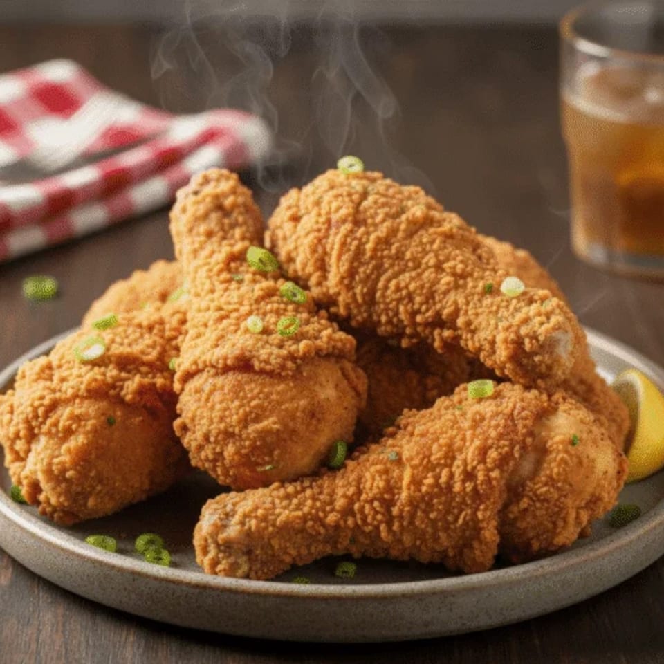 Steaming hot fried chicken drumsticks on a plate with lemon, green onions, and a drink.