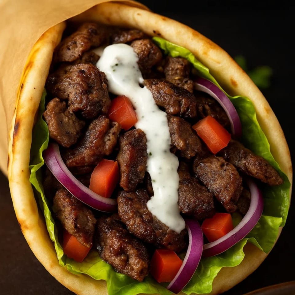 A close-up of a gyro with meat, lettuce, red onions, tomatoes, and white sauce in a pita.