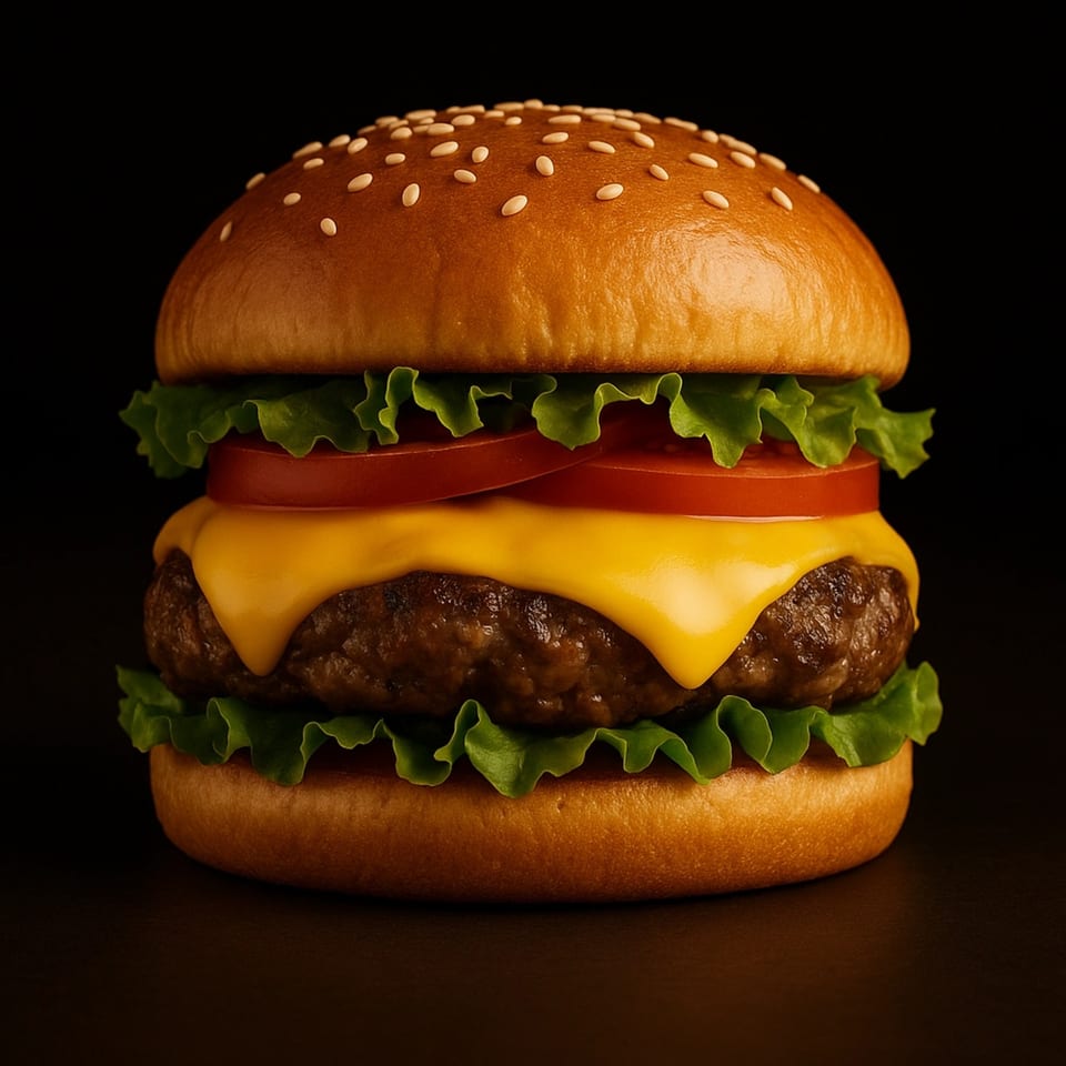 A classic cheeseburger with a sesame seed bun, lettuce, tomato, and melted cheese on a dark background.