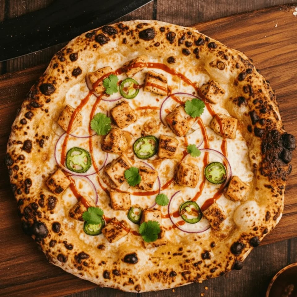 A close-up of a freshly baked pizza with chicken, red onions, jalapenos, and cilantro.