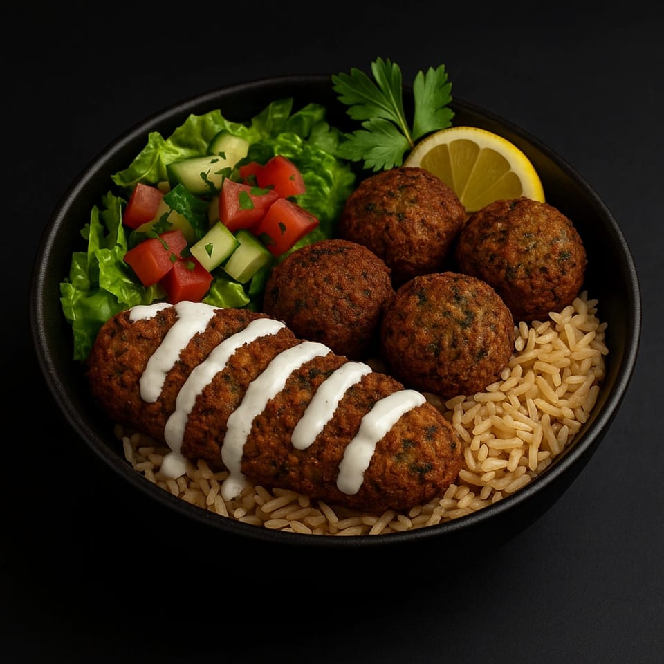 A falafel bowl with rice, salad, lemon, and a falafel patty drizzled with white sauce.