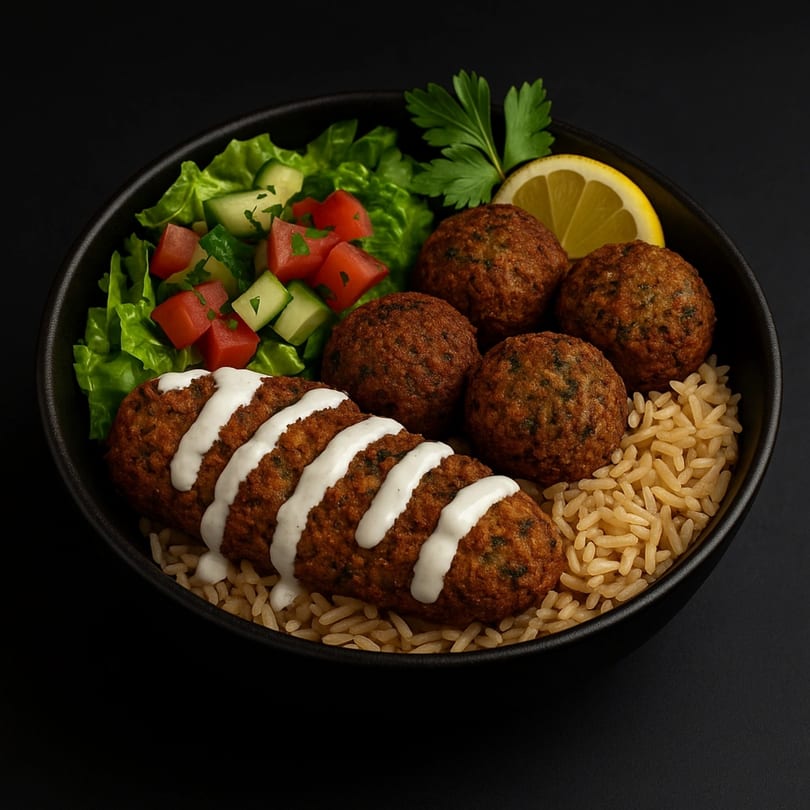 A falafel bowl with rice, salad, lemon, and a falafel patty drizzled with white sauce.