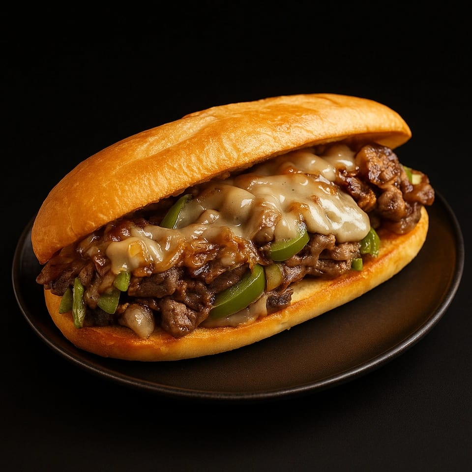 Cheesesteak sandwich with melted cheese, green peppers, and onions on a black plate.